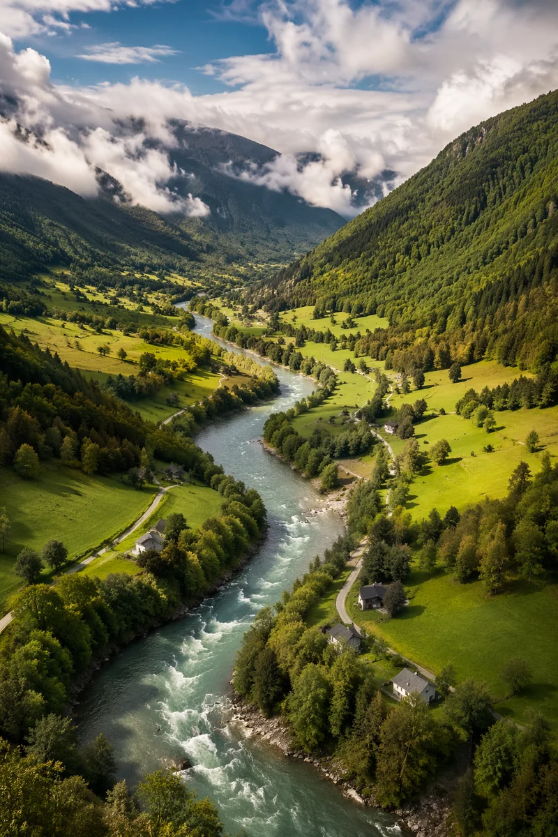 Winding River Through Lush Mountain Valley