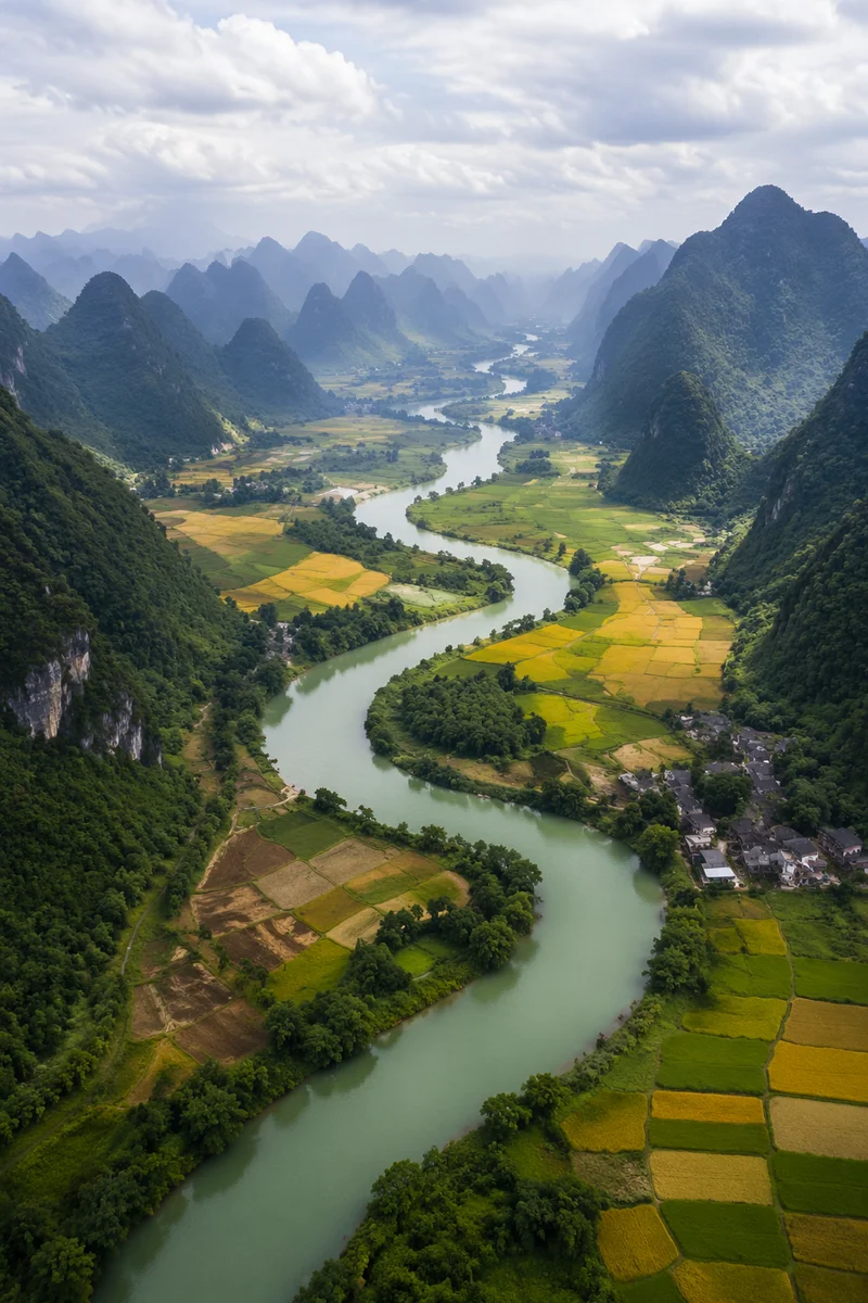Winding Jade River Through Misty Green Valley