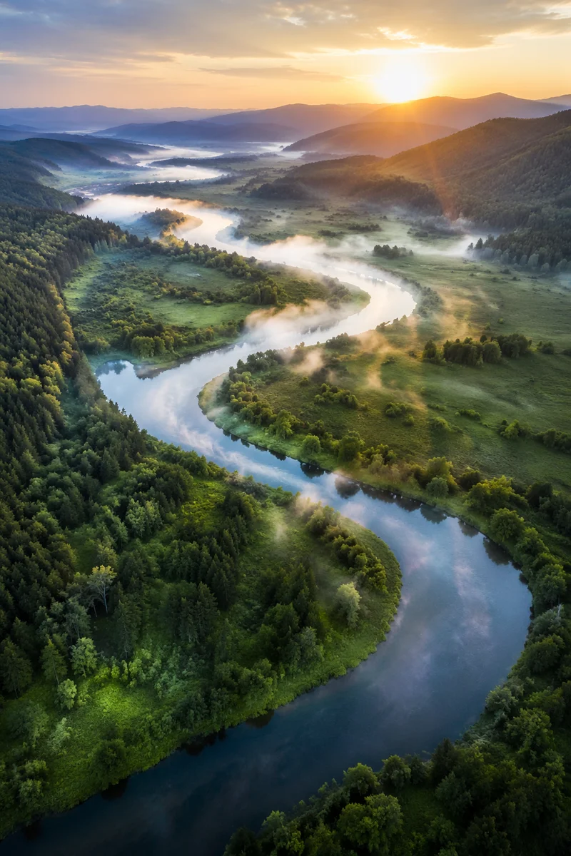 Sunrise River Winding Through Green Valley