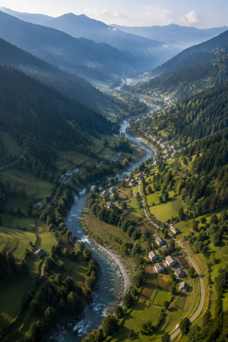 Winding River Through Emerald Mountain Valley