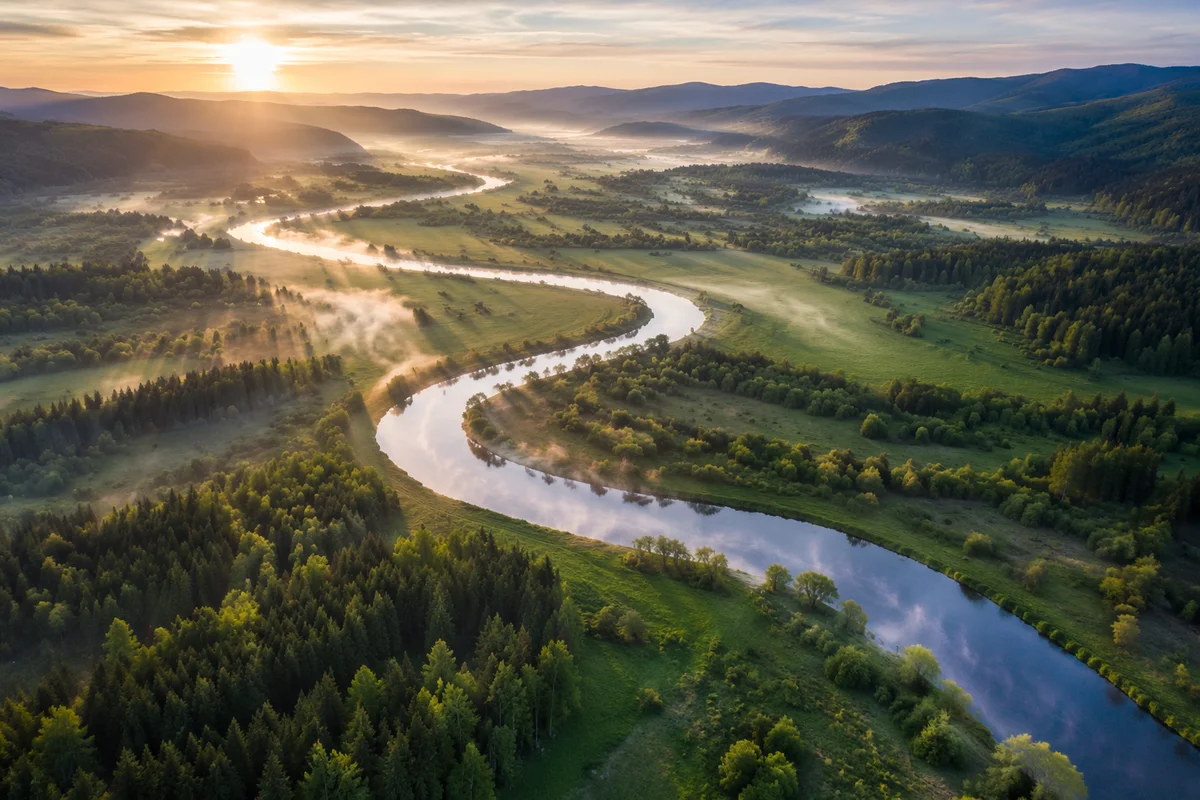 Aerial Winding River Through Green Valley