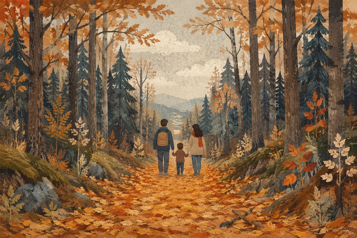 Golden Autumn Forest Path Under Quiet Canopy