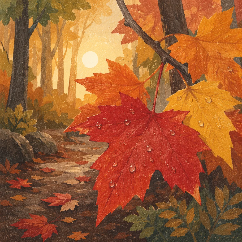 Glowing Autumn Maple Leaves After Rain