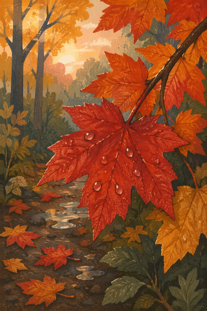 Glowing Autumn Maple Leaves Close Up