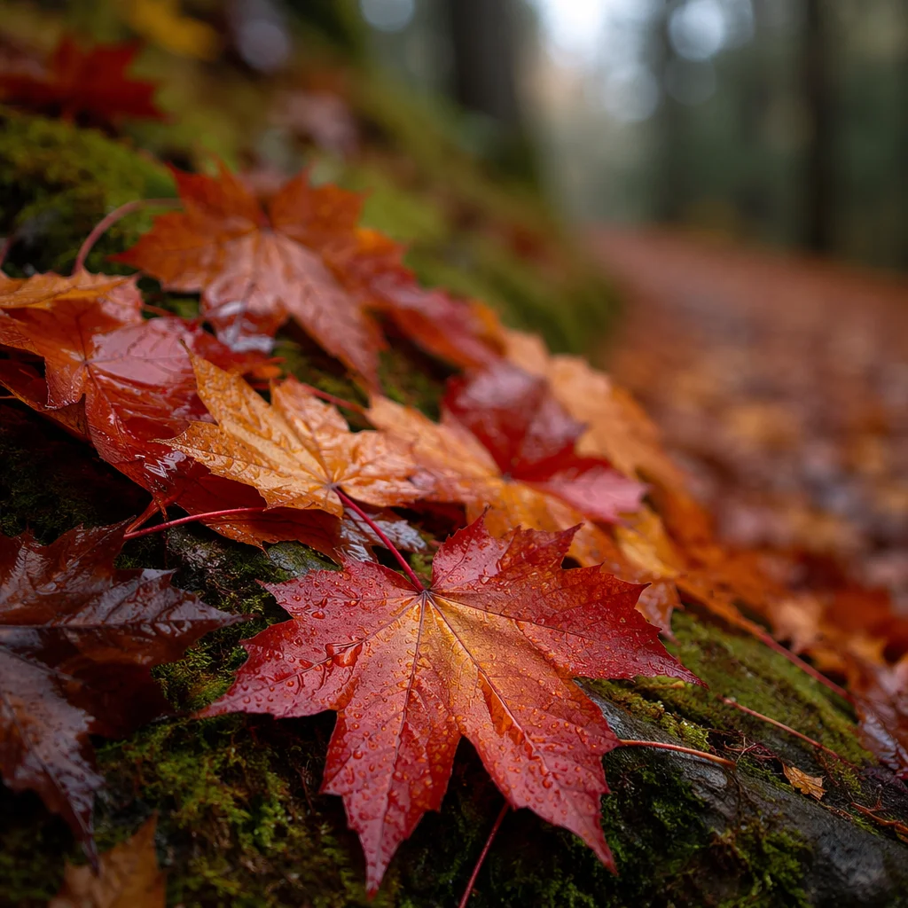 Rain-Kissed Autumn Maple Leaves Close Up