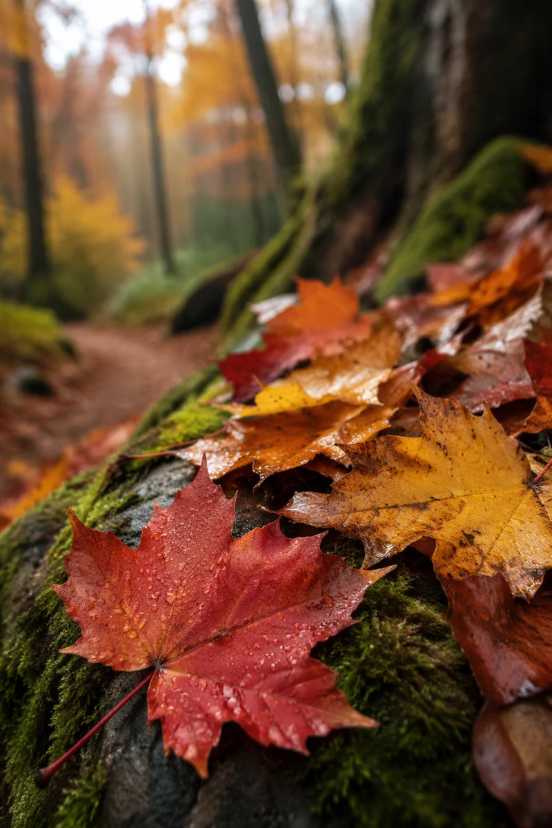 Autumn Maple Leaves on Rainy Forest Floor