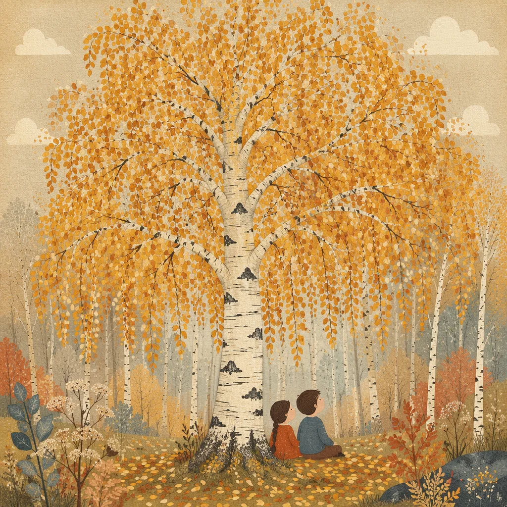 Golden Autumn Birch Forest with White Bark