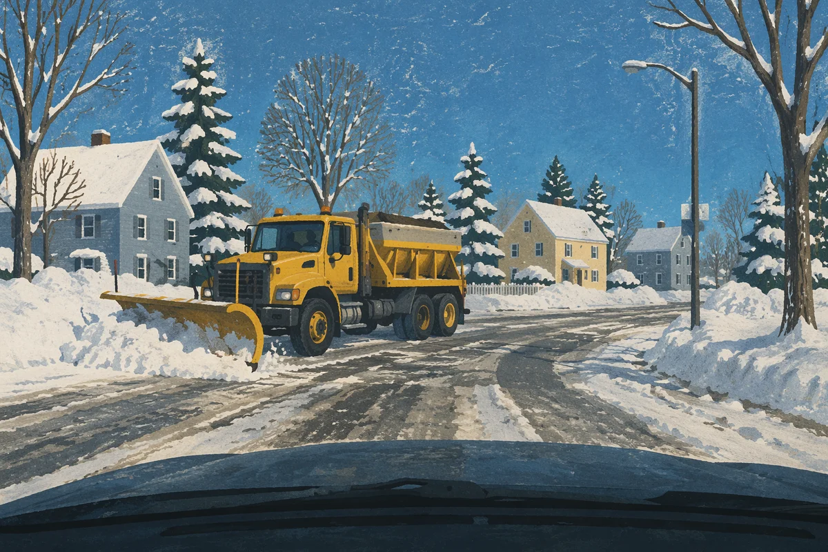 Snowplow Crossing Blizzard Covered Winter Road