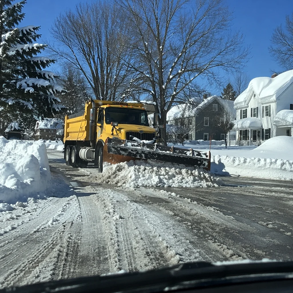 Yellow Snowplow Clearing Blizzard Covered Road