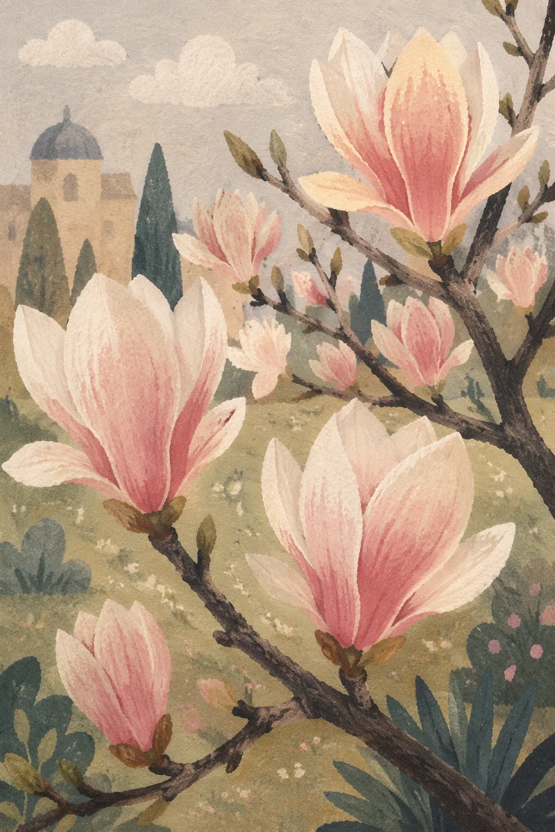 Pink Magnolia Blossoms in Soft Spring Light