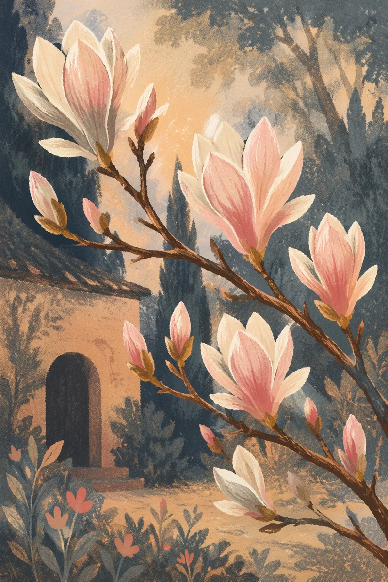 Blooming Magnolia Branch with Pink Blossoms
