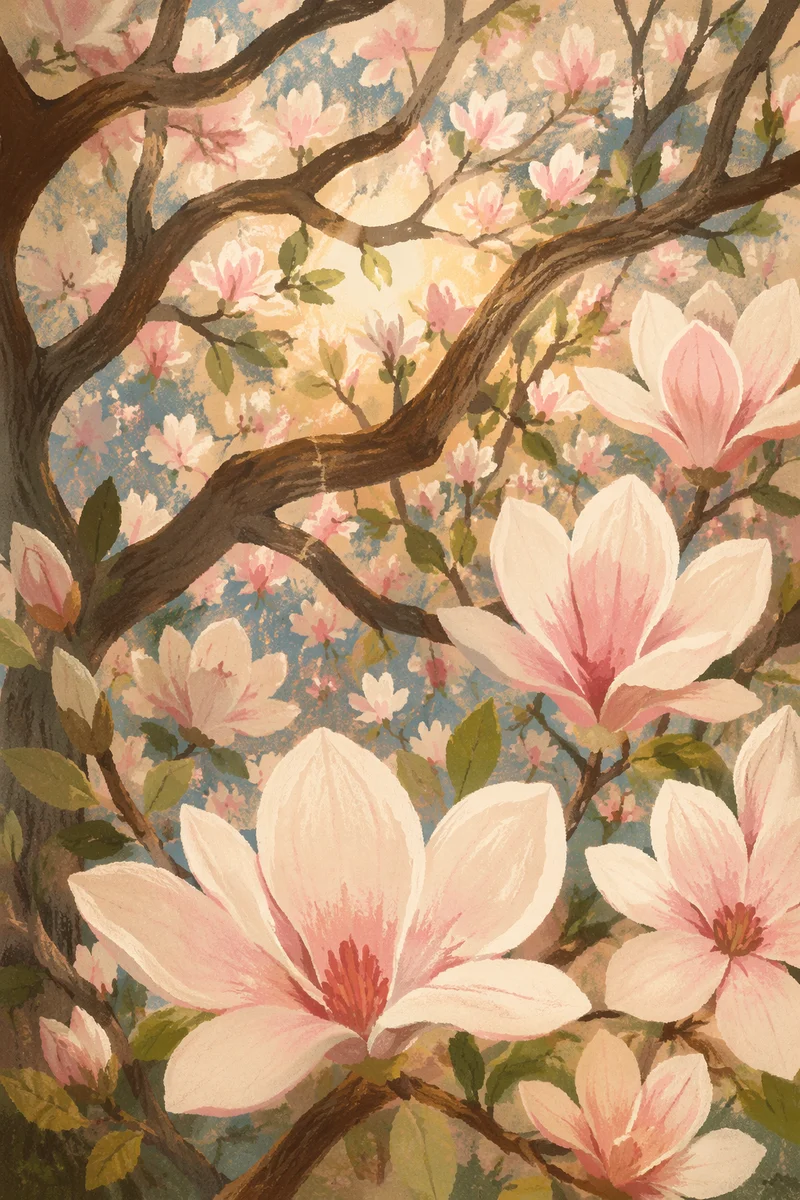 Blooming Magnolia Branches in Spring Light