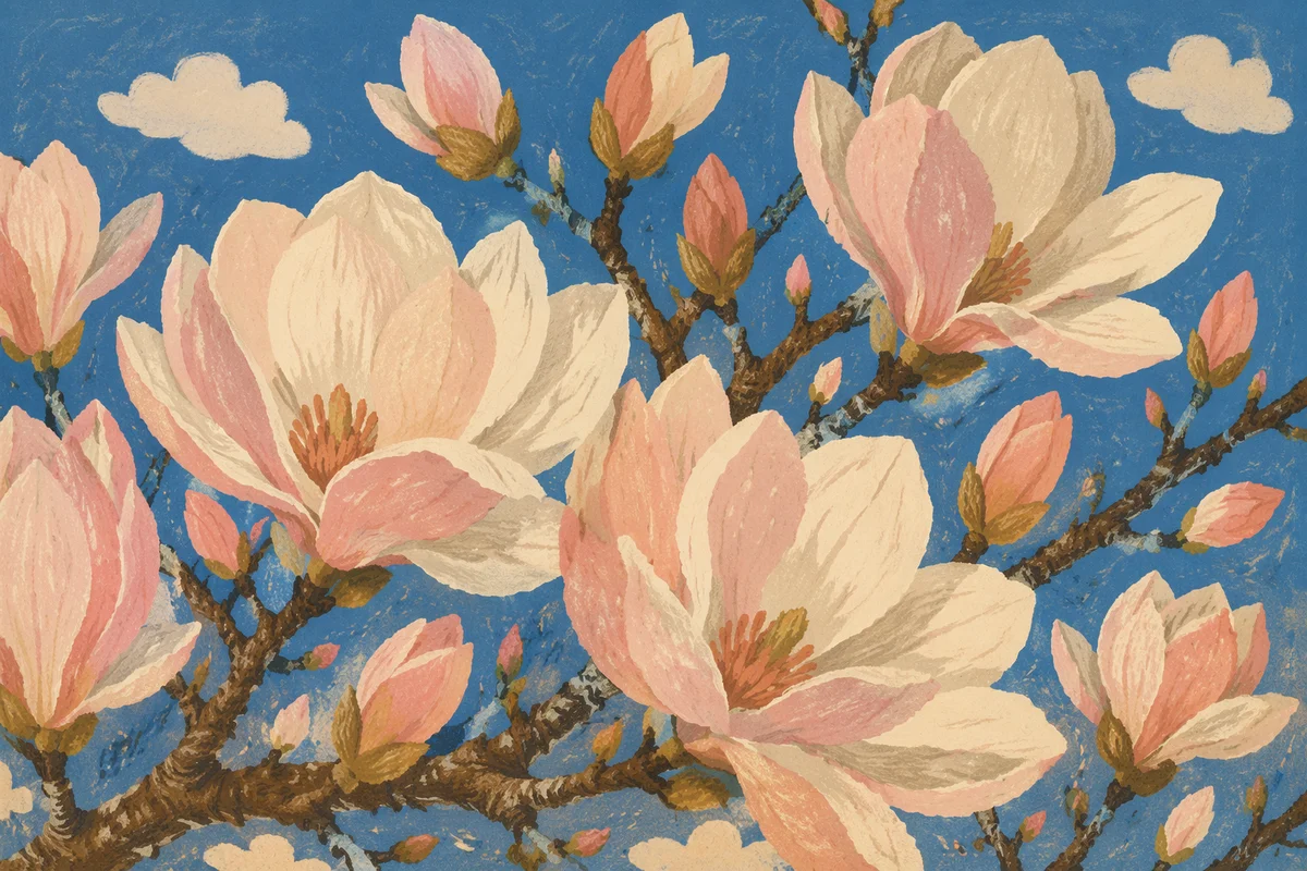 Pink Magnolia Blossoms Against Spring Sky