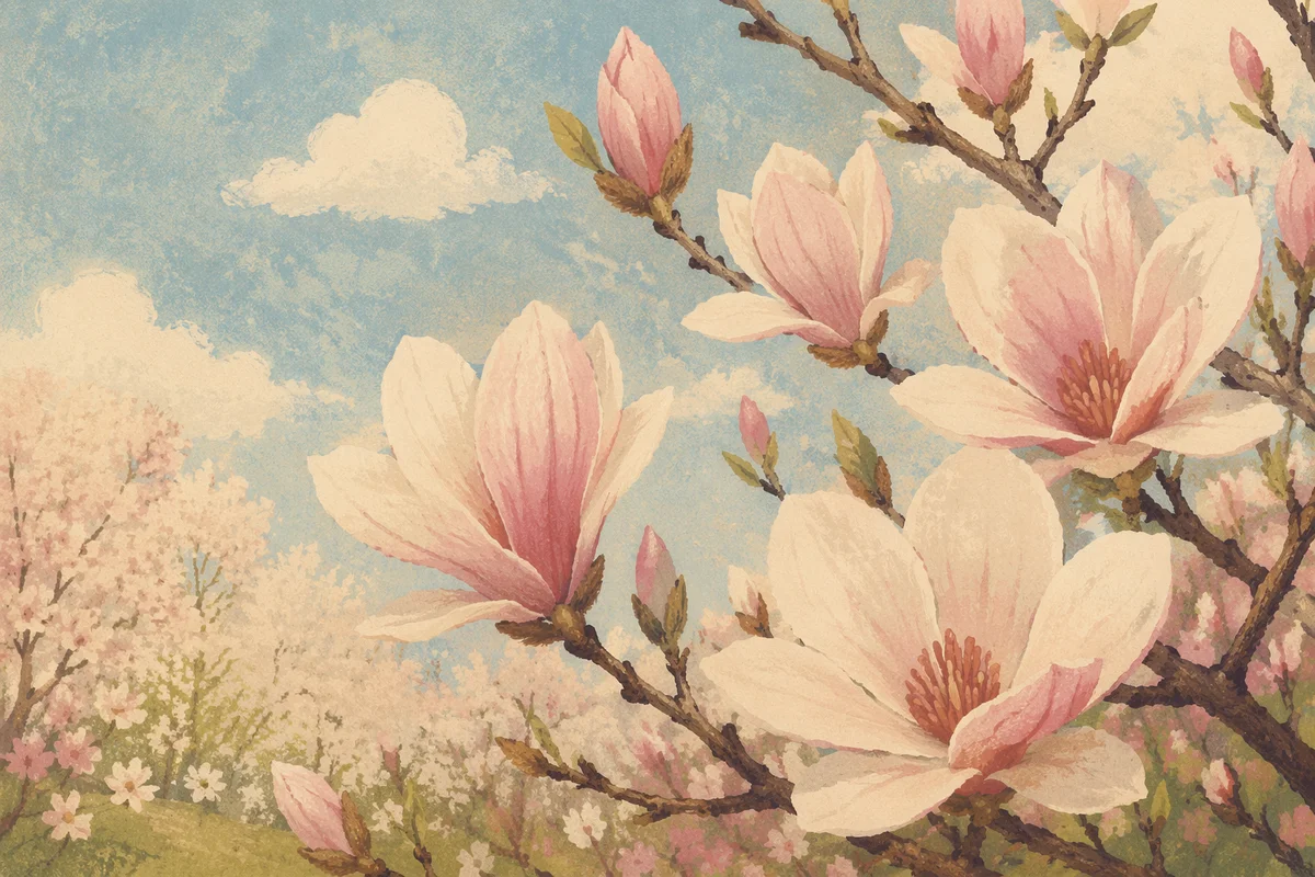 Blooming Pink Magnolia Branches in Spring