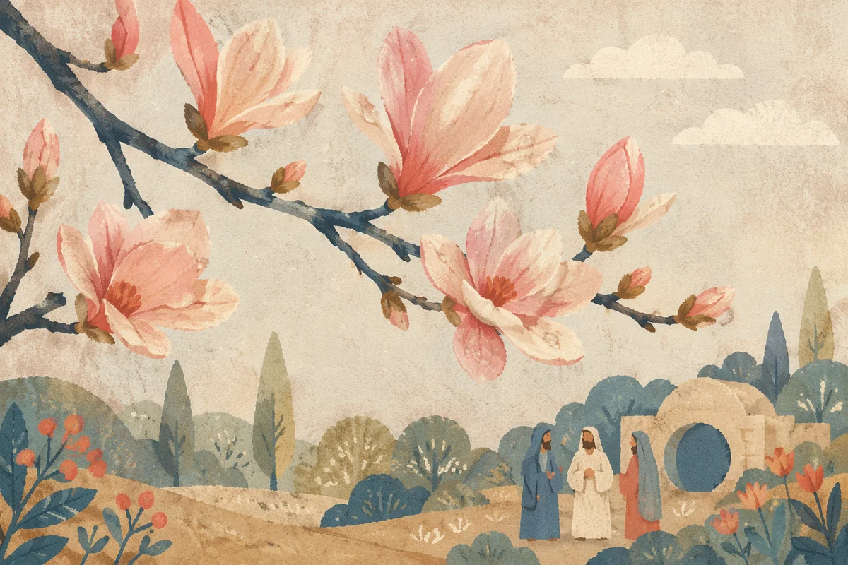 Pink Magnolia Blossoms in Misty Spring Light