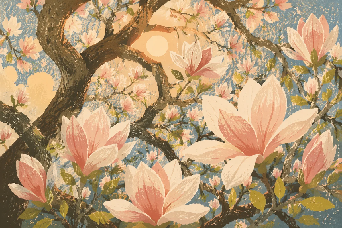 Blooming Pink Magnolia Branches in Spring Light