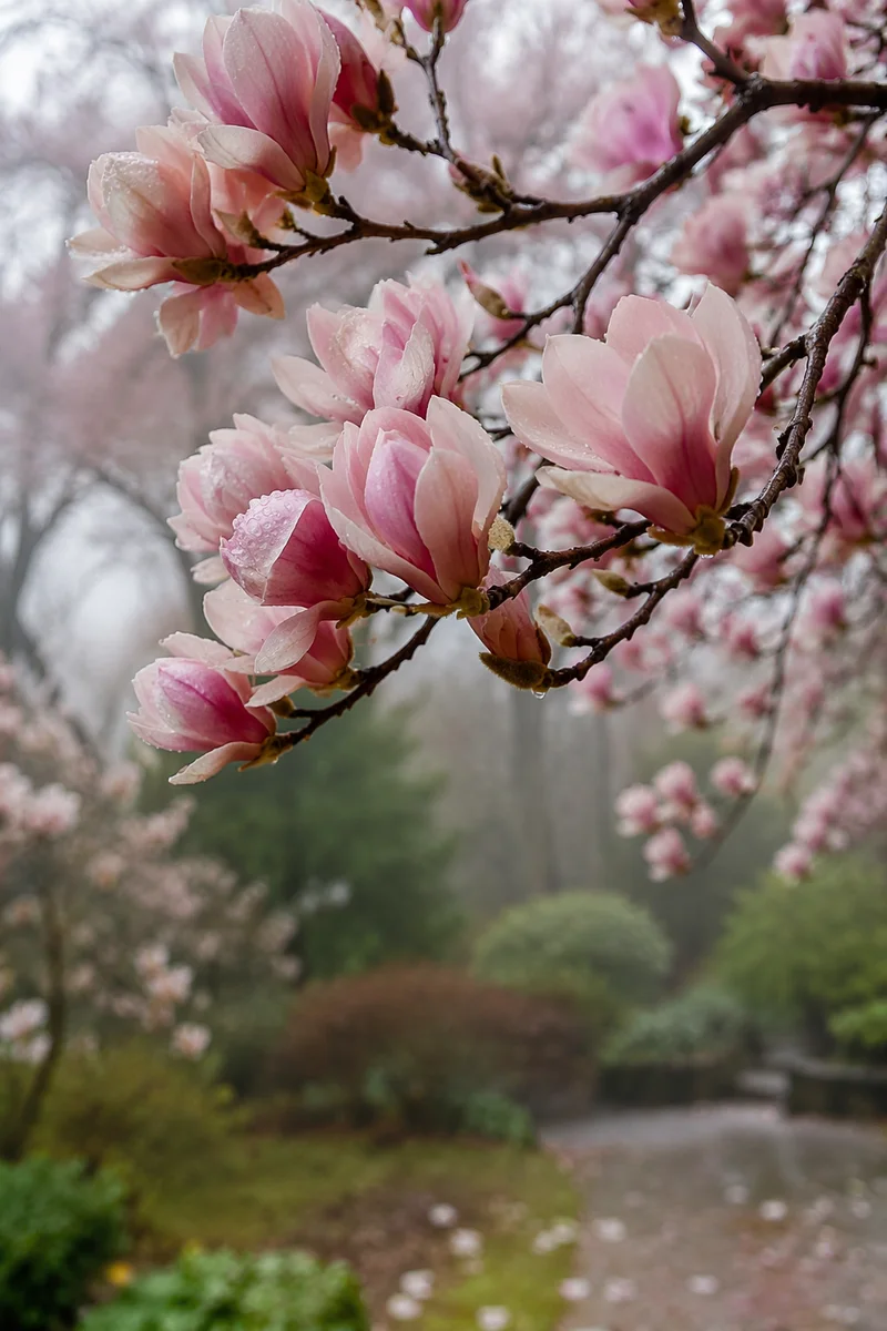 Blooming Magnolia Branch in Misty Spring Light