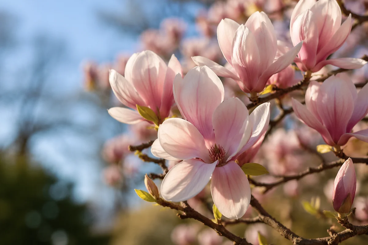 Pink Magnolia Blossoms in Spring Sunlight