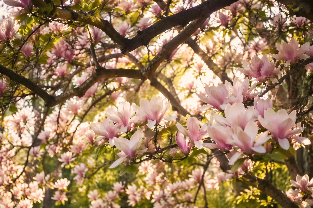 Blooming Magnolia Branches in Spring Sunlight