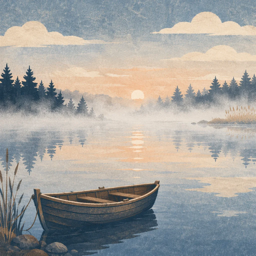 Solitary Boat on Misty Dawn Lake