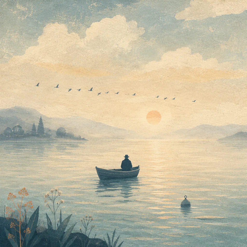 Boat on Calm Misty Lake at Dawn