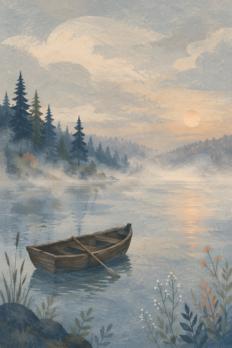 Solitary Rowboat on Misty Dawn Lake