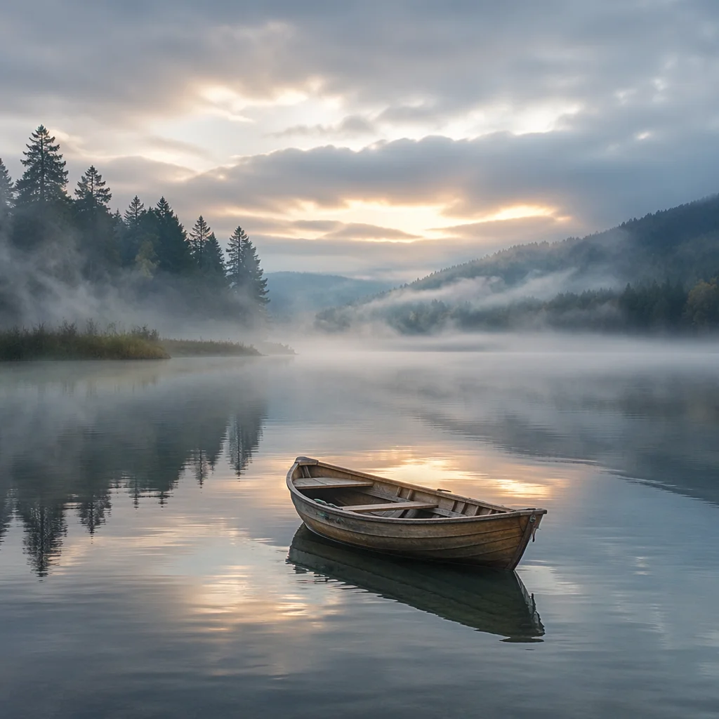 Solitary Rowboat on Misty Dawn Lake