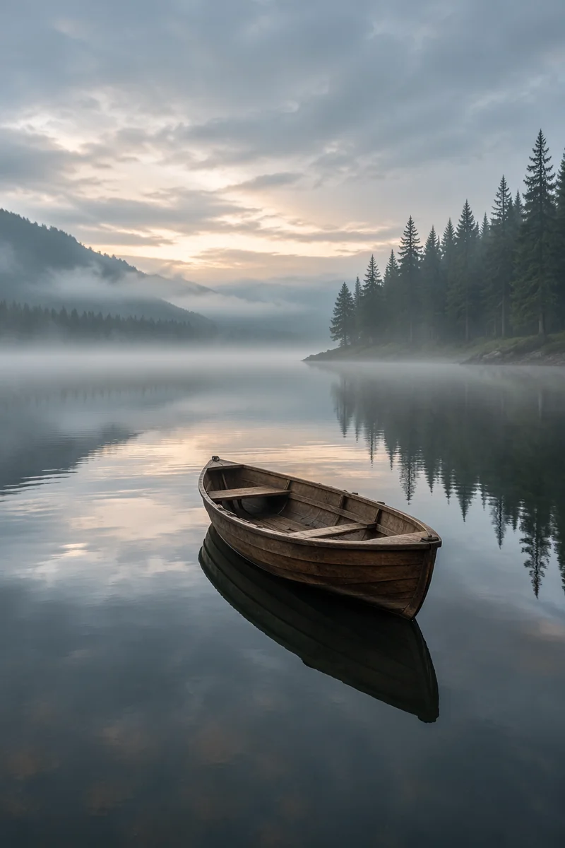 Solitary Rowboat on Misty Dawn Lake