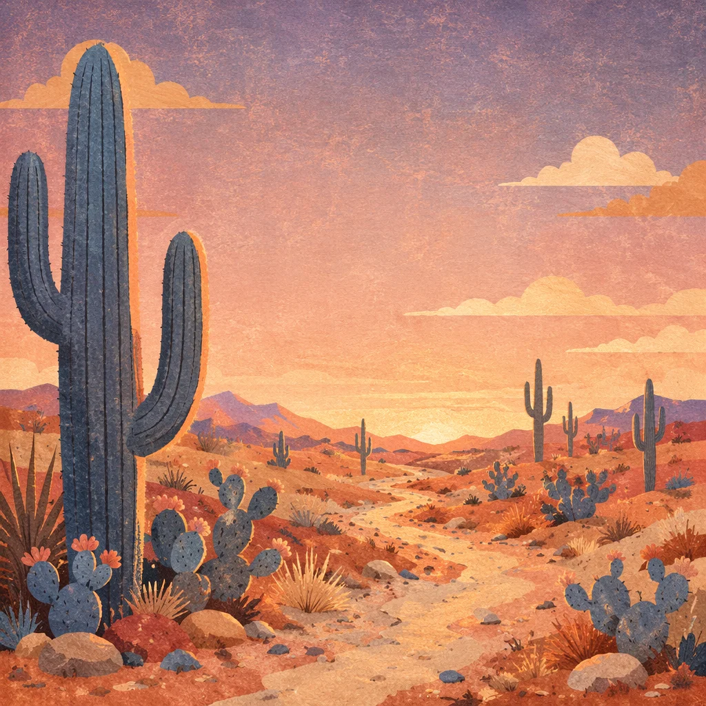 Serene Cactus Desert Sunset Landscape