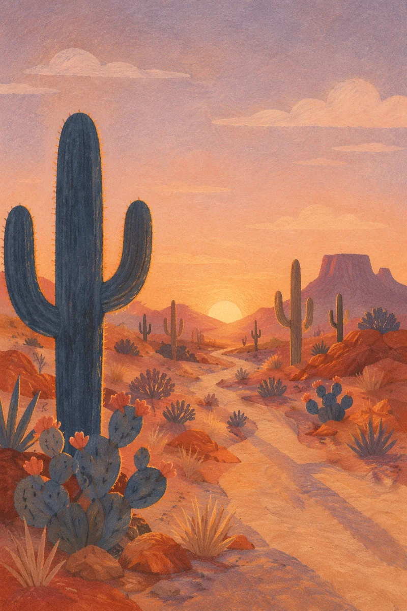 Desert Cactus Sunset in Warm Tones
