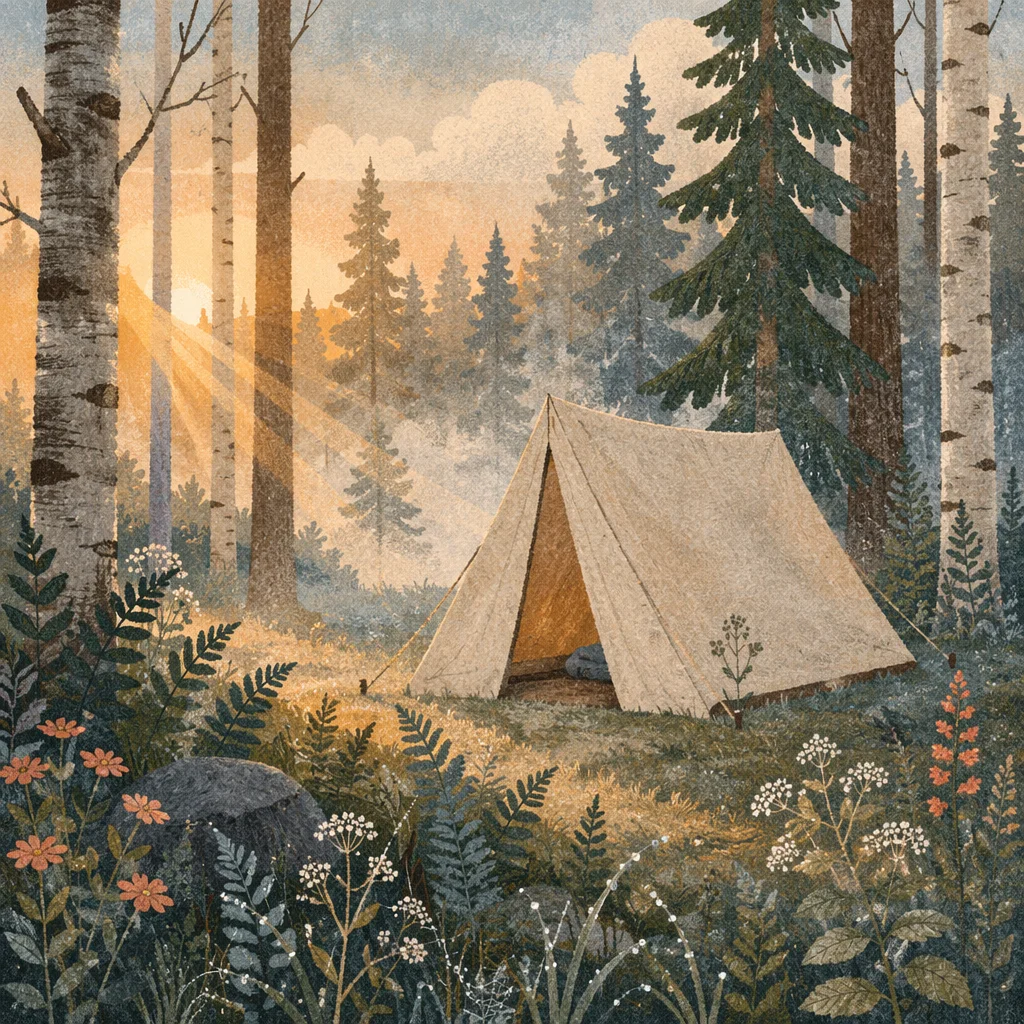Peaceful Camping Tent in Morning Forest