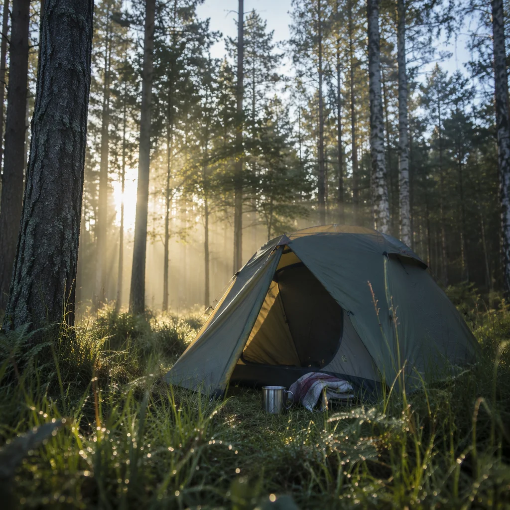 Peaceful Camping Tent in Morning Forest