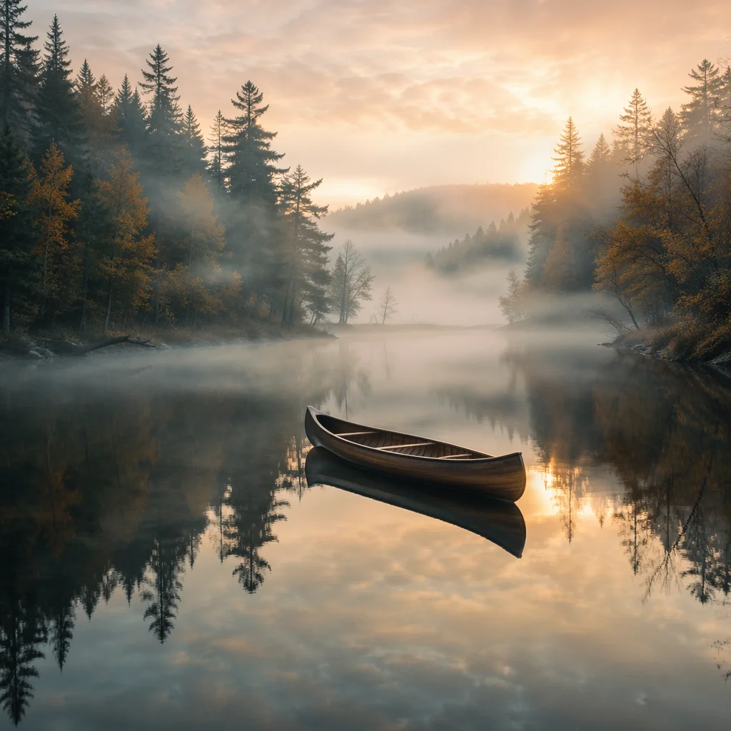 Solitary Canoe on Misty River at Dawn