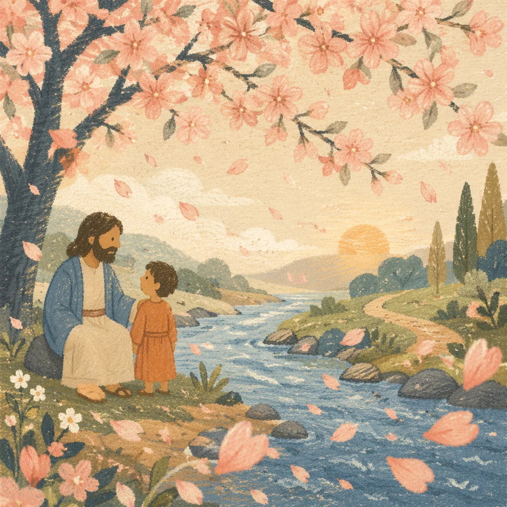 Cherry Blossom Petals Over Riverside Dawn