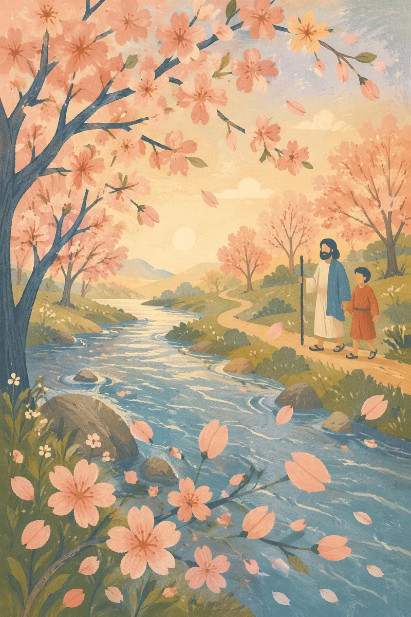 Cherry Blossom Petals Over Riverside at Dawn