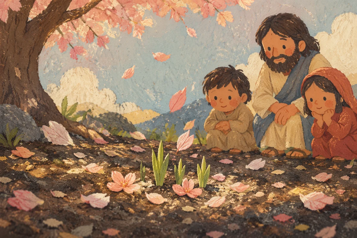 Falling Cherry Blossom Petals in Spring Soil