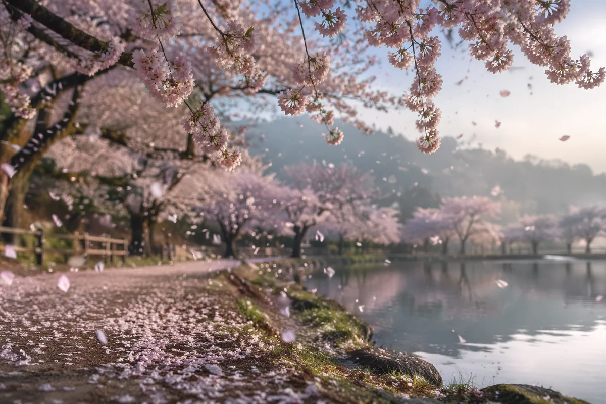 Cherry Blossom Petals Drifting by Riverside