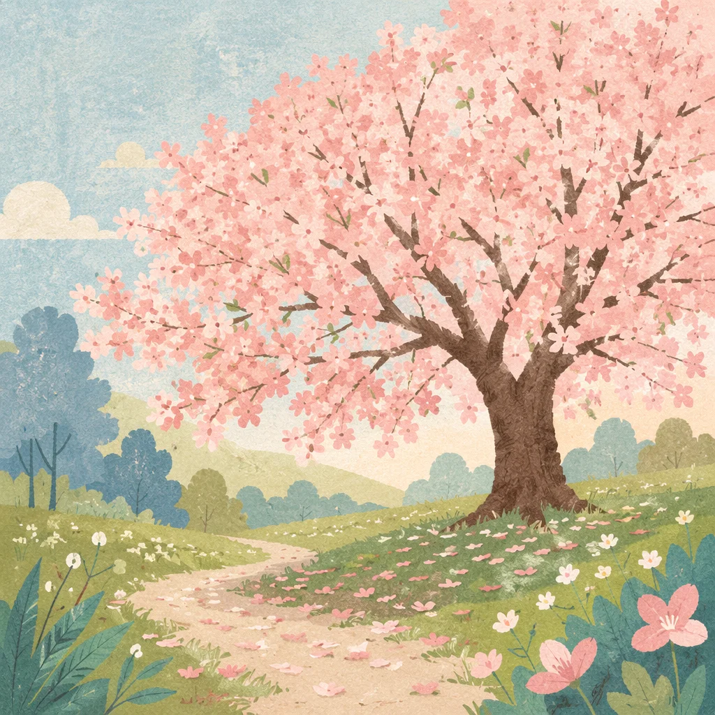 Blooming Cherry Blossom Tree in Spring Meadow