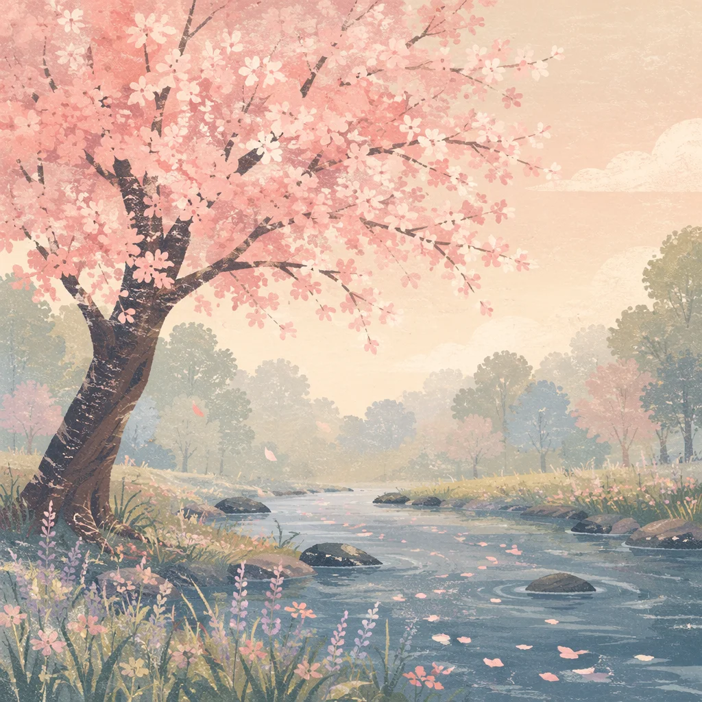 Cherry Blossom Tree by Misty Meadow Stream