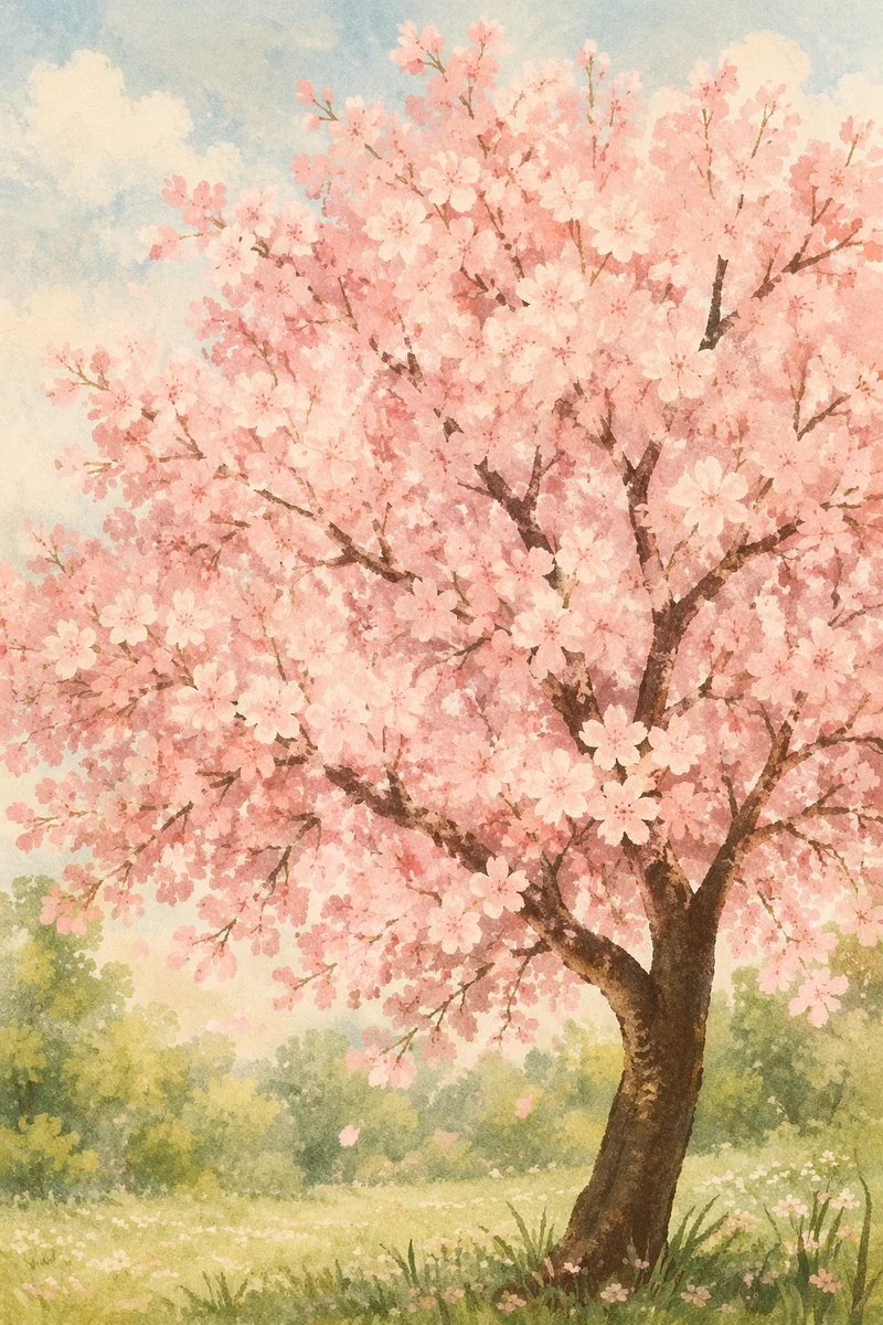Pink Cherry Blossom Tree in Spring Meadow