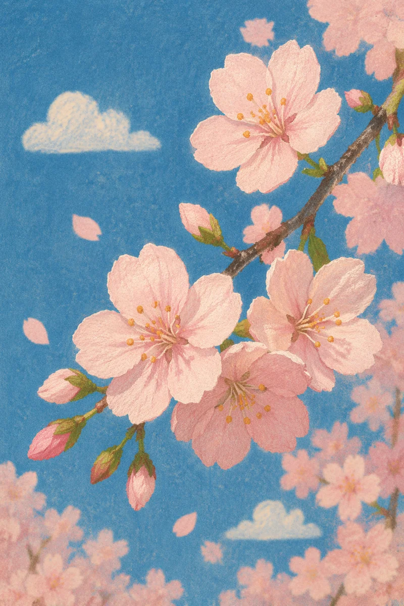 Pink Cherry Blossoms Against Spring Blue Sky