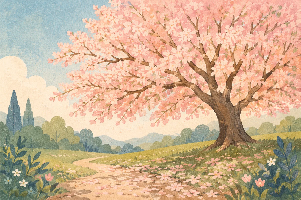 Blooming Cherry Tree in Spring Meadow