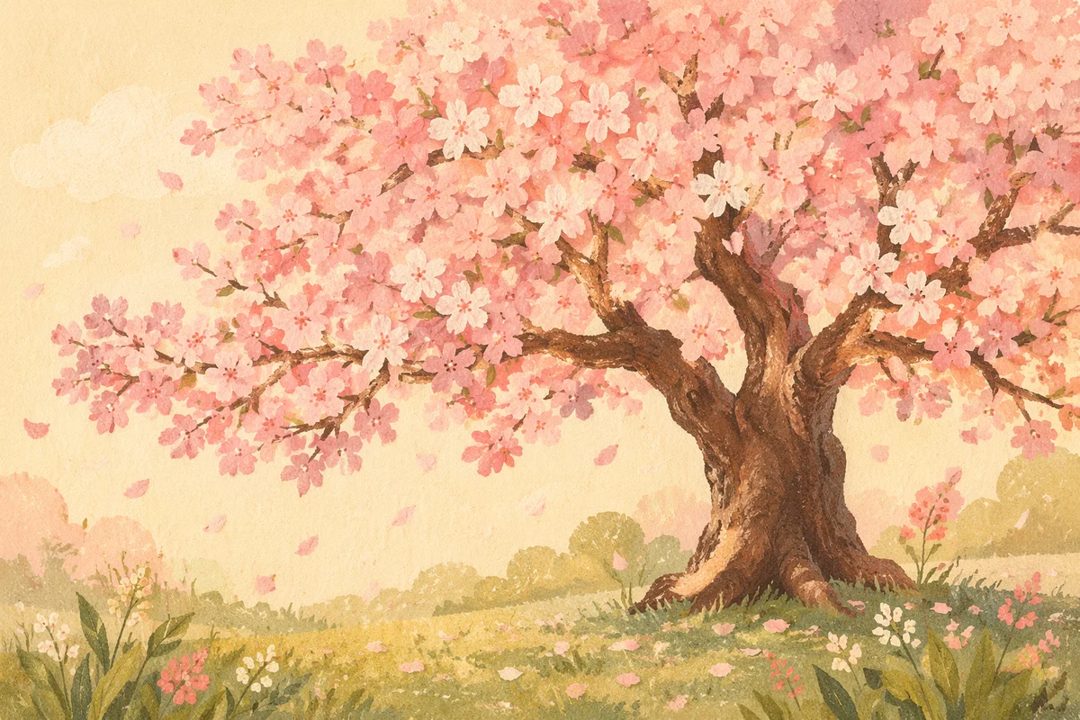 Blooming Cherry Blossom Tree in Spring Meadow