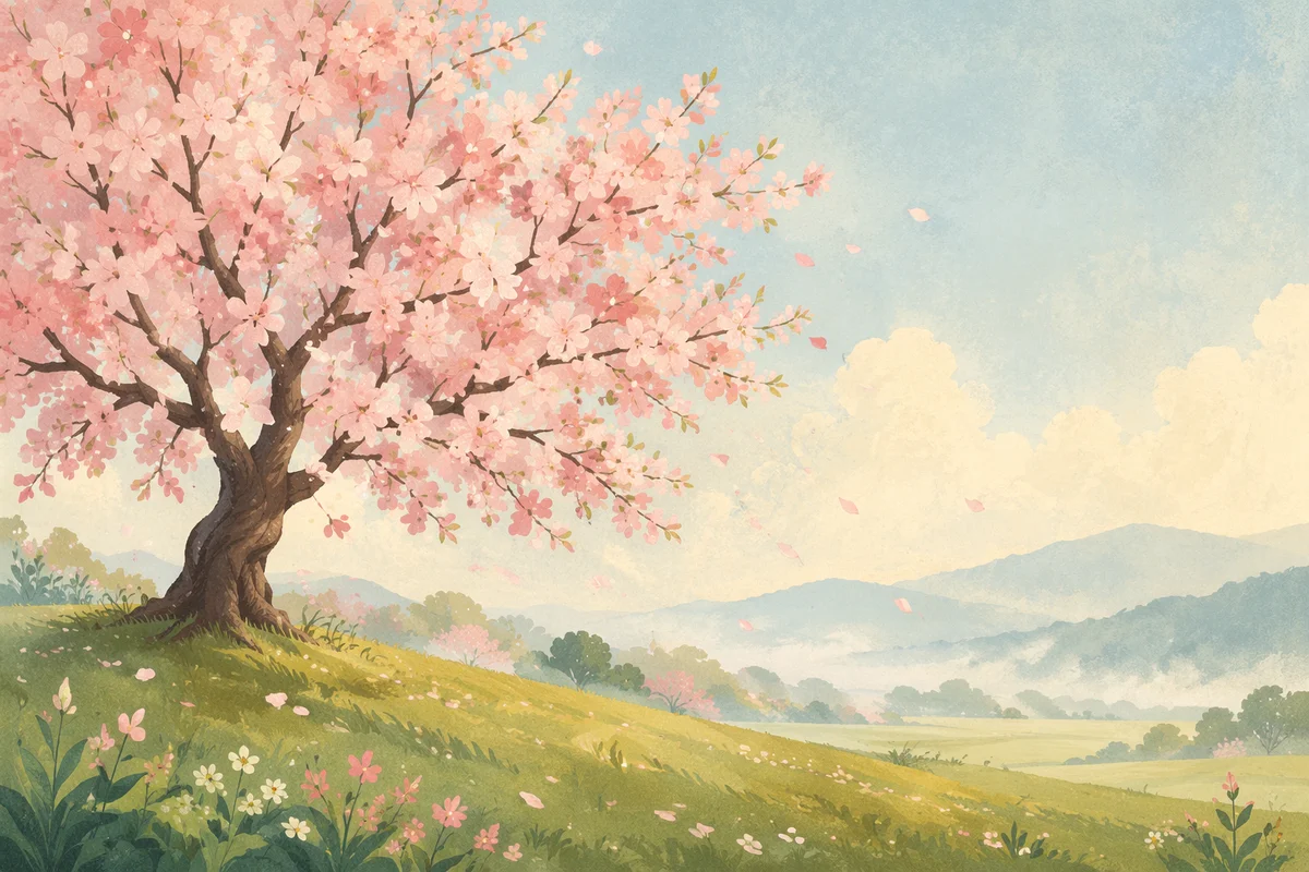 Cherry Blossom Tree on Misty Spring Hill