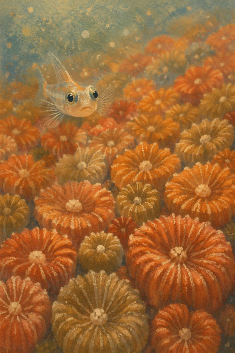 Tiny Reef Fish Above Coral Polyps