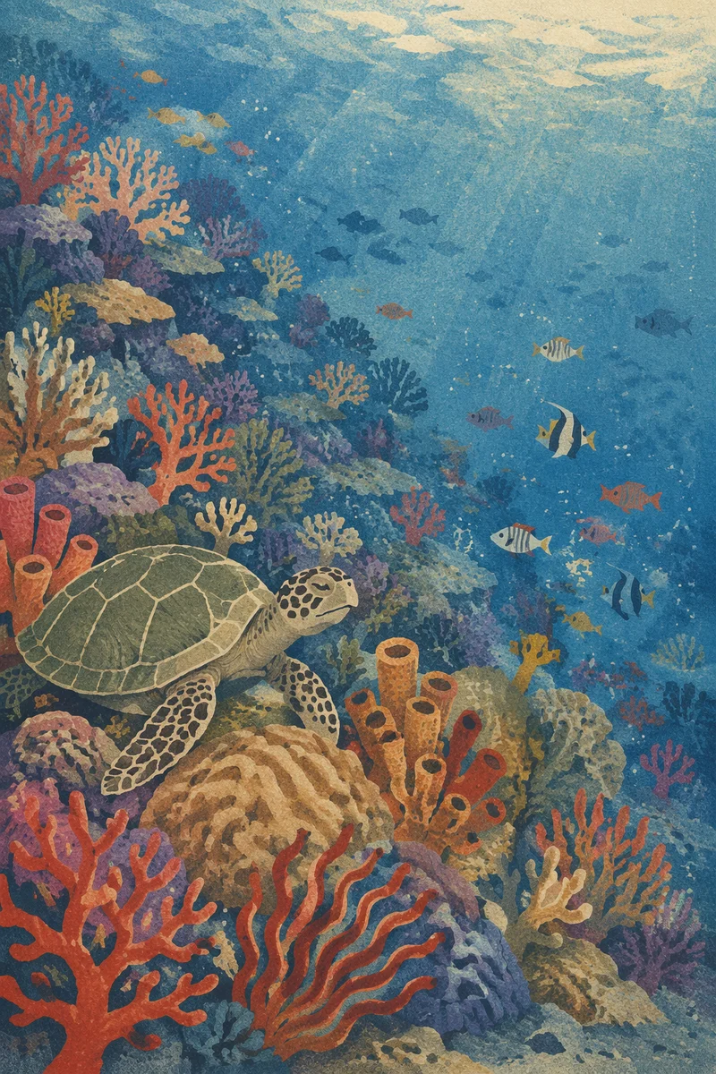 Colorful Coral Reef With Sea Turtle
