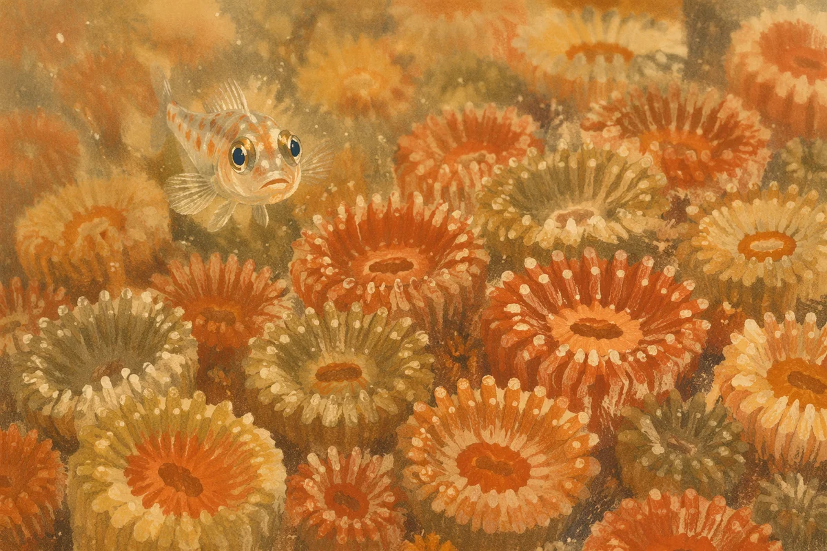 Tiny Reef Fish Above Coral Polyps