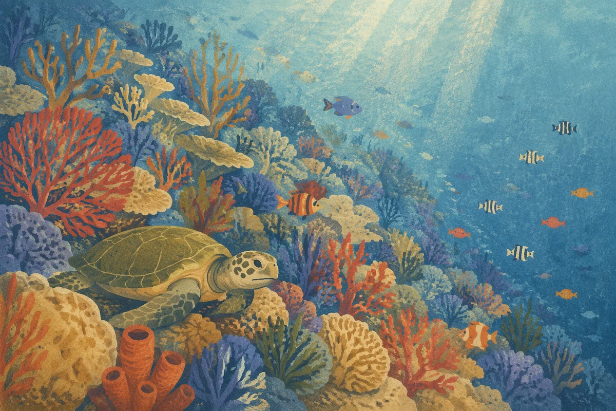 Vibrant Coral Reef With Sea Turtle