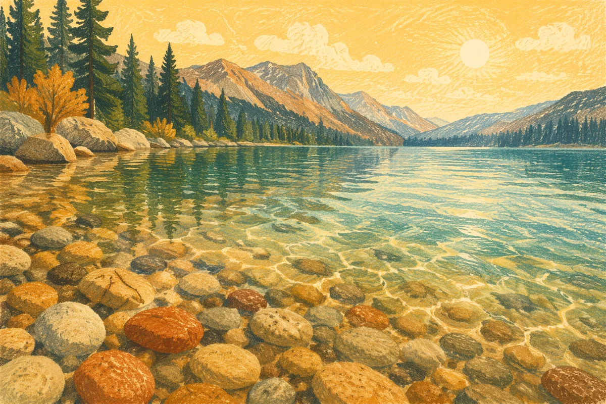 Crystal Clear Mountain Lake Pebbles at Golden Hour
