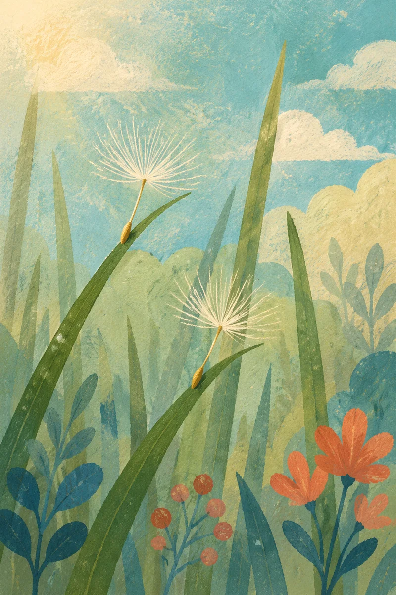 Dandelion Seeds Drifting Through Morning Meadow
